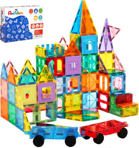 Anbalulu Magnetic Tiles 100PCS with 2 Cars, STEM Educational Building Blocks for Kids Ages 3-9, Magnet Construction Toys Gift for Toddlers