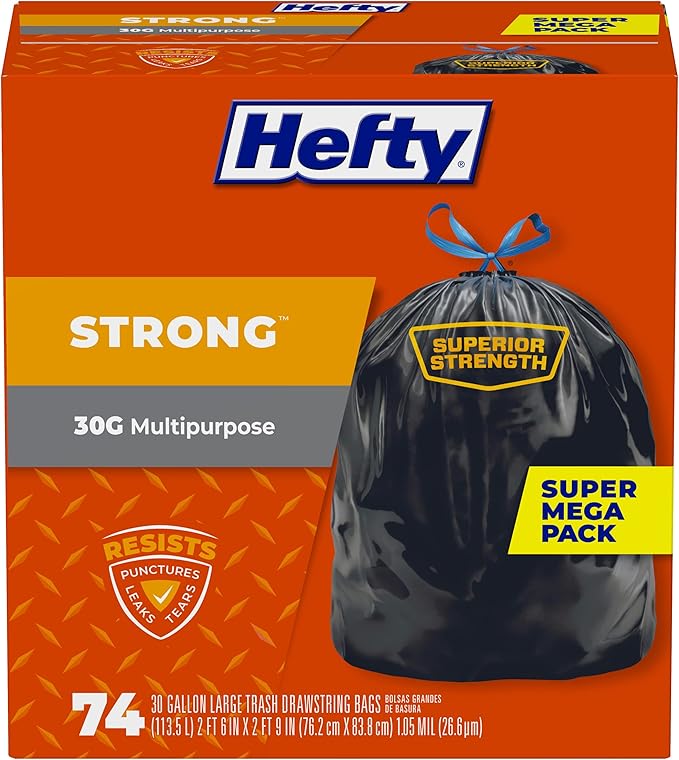 Hefty Strong Large Trash Bags, Black, 30 Gallon, 74 Count