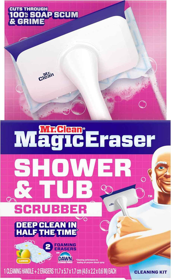 Mr. Clean Magic Eraser Shower, Tub Scrubber, Bathroom Cleaner, Lemon, Starter Kit, All in One