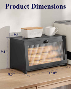 Kitsure Wooden Bread Box with Window, Large Capacity Kitchen Organizer, Stylish Black Storage Container