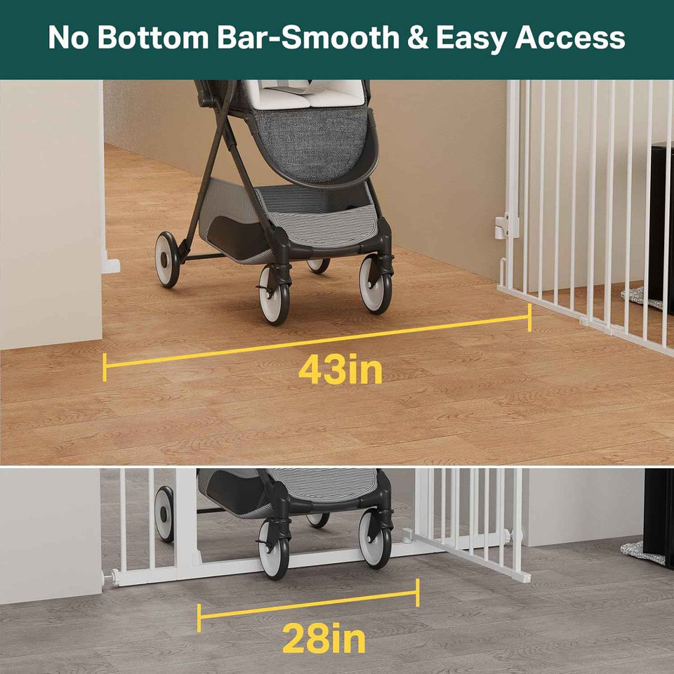 Cumbor 29.2–43" Baby Gate for Stairs, Wall-Mounted (Drill Required), Expandable No Bottom Bar Dog Gate, Auto Close Extra Wide Walk Thru, Pet & Toddler Proof Gate, Top & Bottom of Stairways (White)