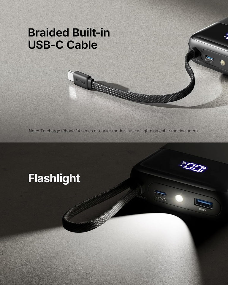 INIU 20000mAh Power Bank, Smaller 45W PD Fast Charging Portable Charger, Battery Pack with Build in USB C Cable, Travel Phone Flight-Safe Powerbank for iPhone 17 16 Samsung S26 Google iPad, Black