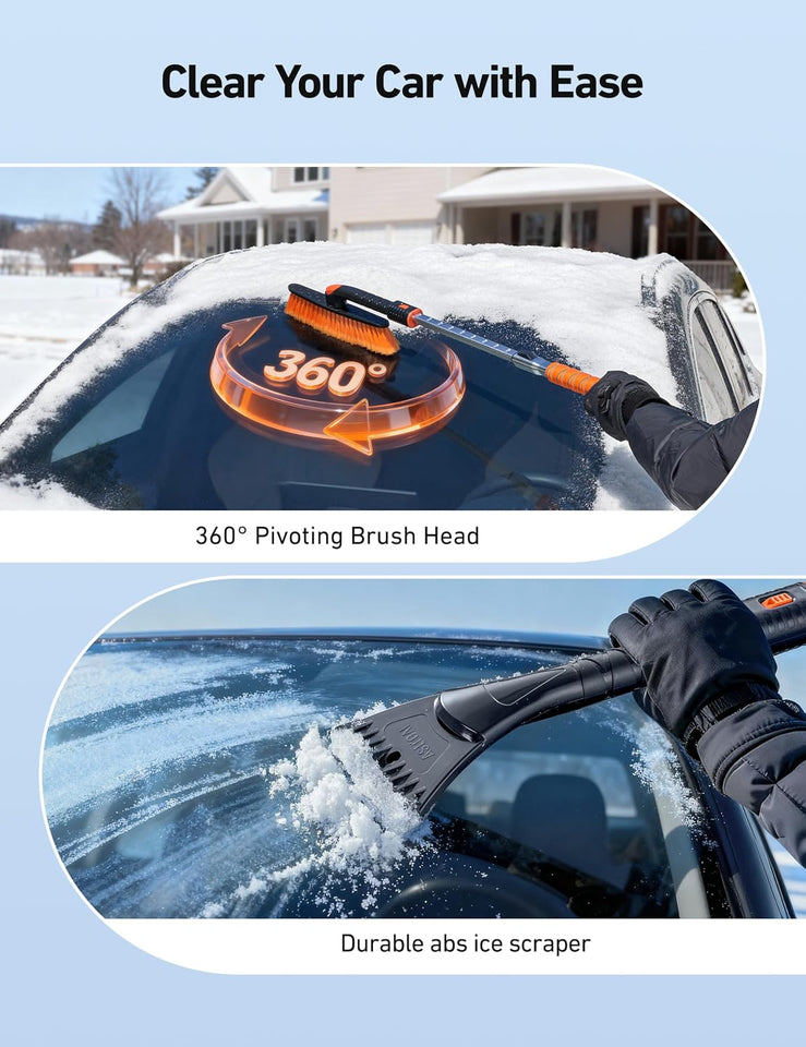 astroai 47.2 inch ice scraper with extendable snow brush and 360° pivoting head for cars and trucks (orange)
