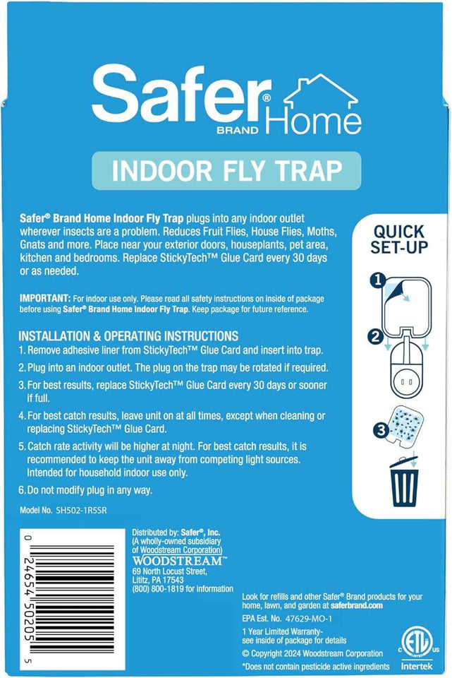 Safer Home Indoor Fruit Fly Gnat Trap with UV LED Lights - 400 Sq Ft Coverage - 1 Device + 5 StickyTech Glue Cards