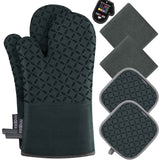 KEGOUU Oven Mitts and Pot Holders 6pcs Set, Kitchen Oven Glove High Heat Resistant 500 Degree Extra Long Oven Mitts and Potholder with Non-Slip Silicone Surface for Cooking (Grey)