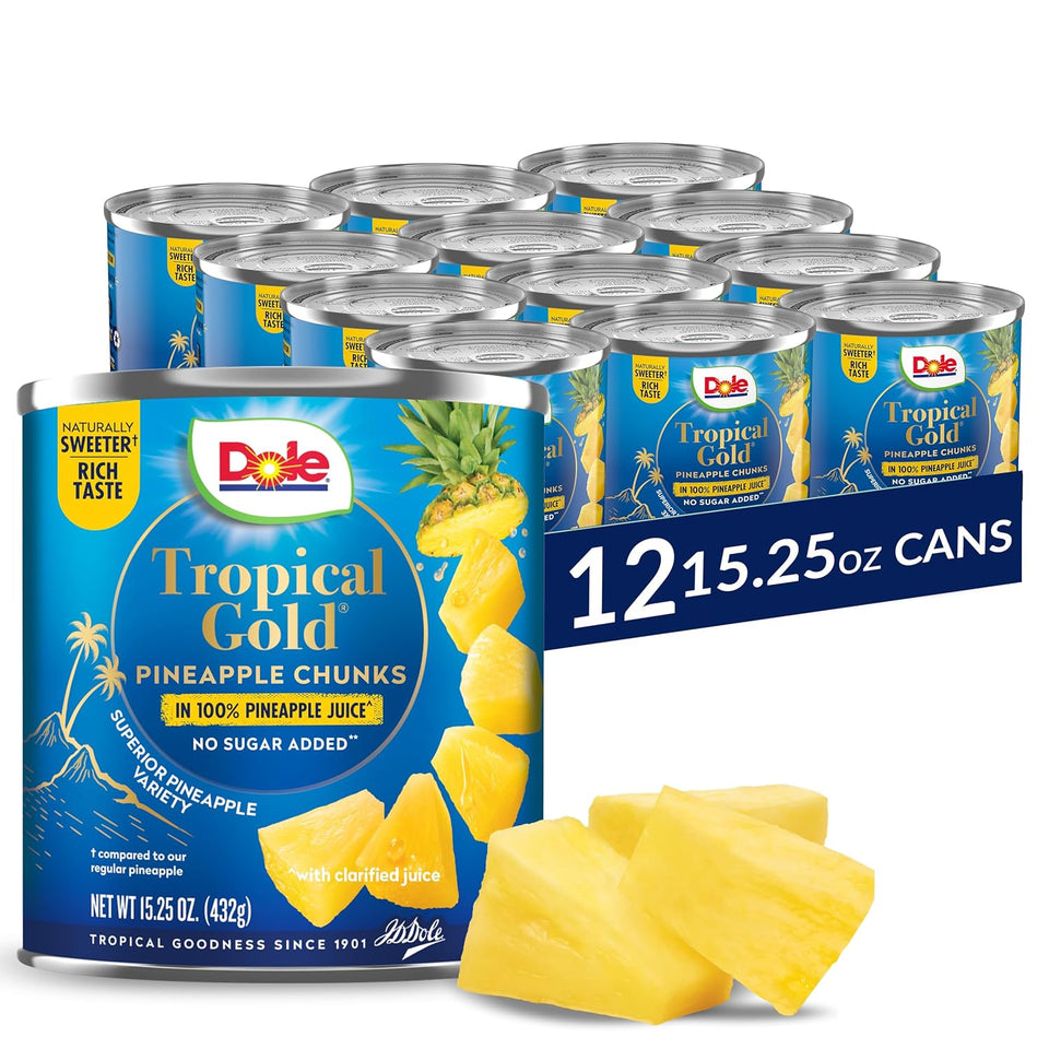 Dole Tropical Gold Pineapple Chunks in 100% Pineapple Juice, Gluten Free, 15.25 Oz, 12 Count