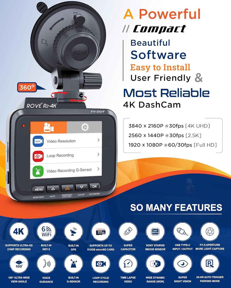 rove r2-4k 2160p dash cam with wifi 6 gps and 2.4 inch ips screen