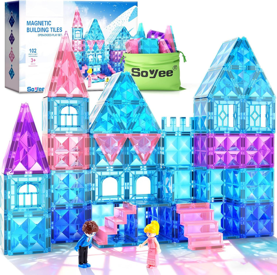 Magnetic Tiles 102pcs with 2 Stairs 2 Dolls Princess Castle Building Girls Toys Age 4-8 Magnetic Blocks Birthday Xmas Gifts for Girls Toys for 3, 8+ Year OldMagnetic Tiles 102pcs with 2 Stairs 2 Dolls Princess Castle Building Girls Toys