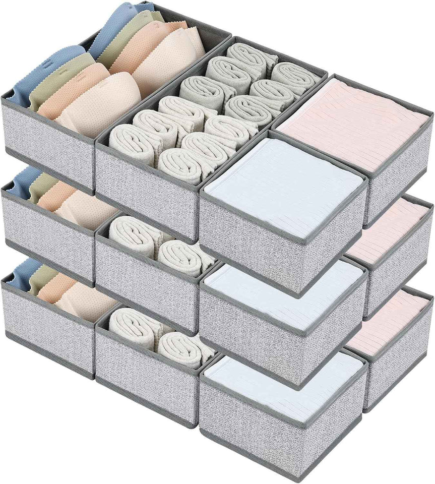 DIMJ Drawer Organizers Clothes, Set of 4 Dresser Organizer Bins, Fabric Closet Organizers and Storage, Shallow Drawer Dividers for Nursery, Clothing, Baby Clothes, Socks, Underwears, Tie (Beige)