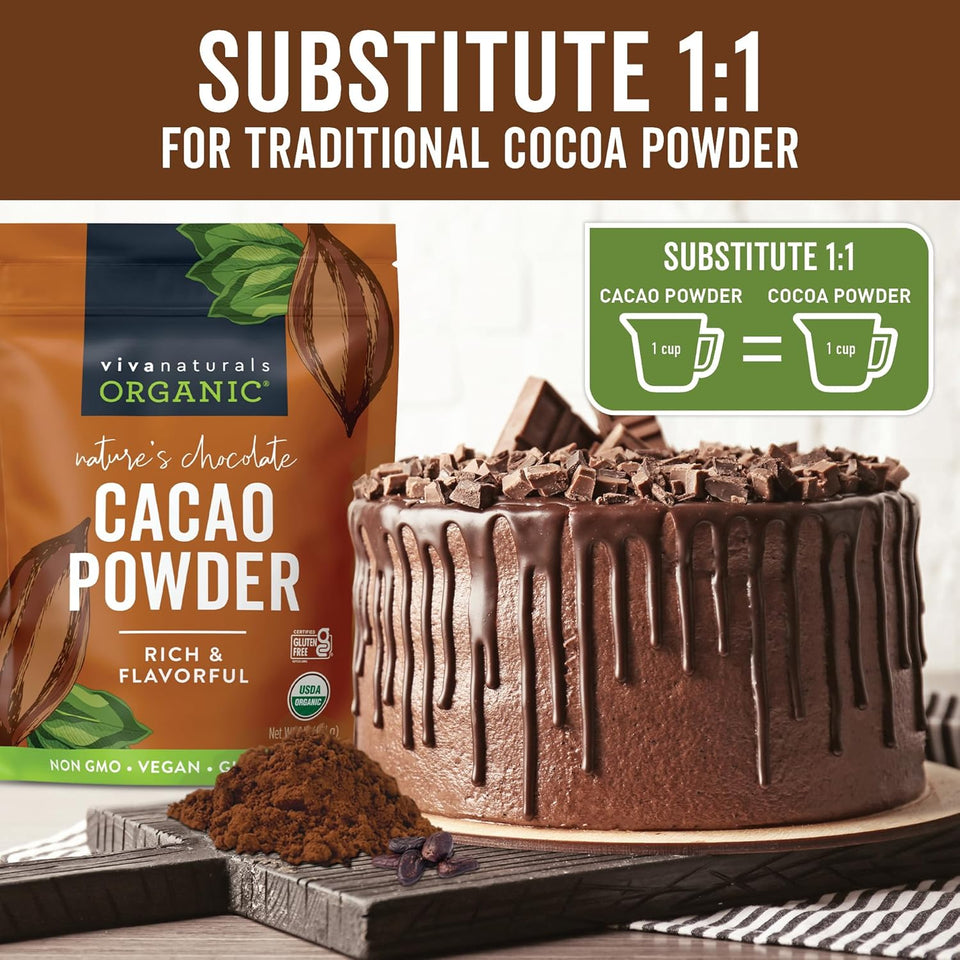 organic unsweetened cacao powder 1 lb rich dark chocolate flavor vegan keto paleo non-gmo gluten-free
