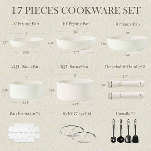 CAROTE 17pcs Nonstick Cookware Set with Detachable Handle, Induction Kitchen Cookware for RV, Camping, and Travel