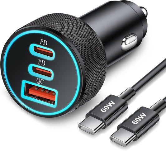 67W 3-Port Super Fast Type C Car Charger USB C for Samsung Galaxy S26 S25 S24 S23 S22 Ultra, iPhone 17/Air/16/15 Pro Max, Android, PD/QC Car Phone Adapter Accessories for Men Women + 3FT USB-C Cable