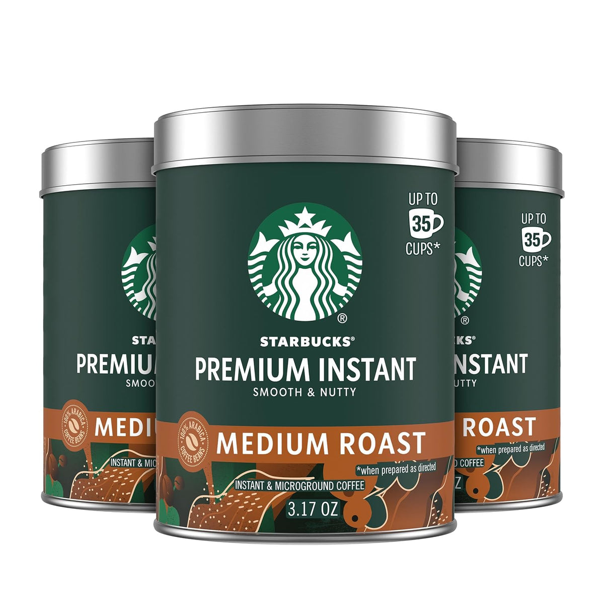 Starbucks Premium Instant Coffee, Medium Roast Coffee, Arabica Beans, Three 3.17 oz Tins