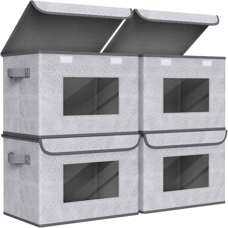 Univivi Fabric Foldable Storage Boxes [4-Pack] Large Collapsible Stackable Storage Bins with Lids, Closet Organizers and Storage Cube Basket for Home, Office, Bedroom (Gray, 17“ x 12” x 12")