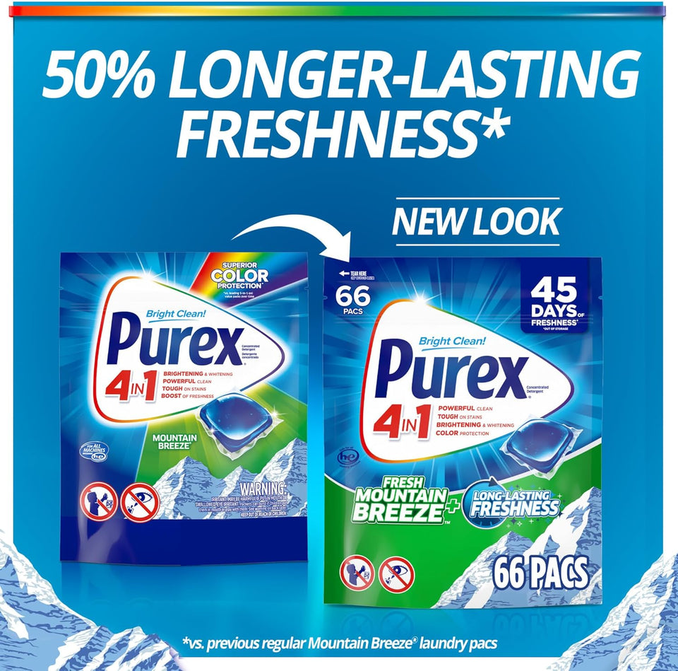 Purex 4-in-1 Laundry Detergent Pacs, Fresh Mountain Breeze, 66 Pacs