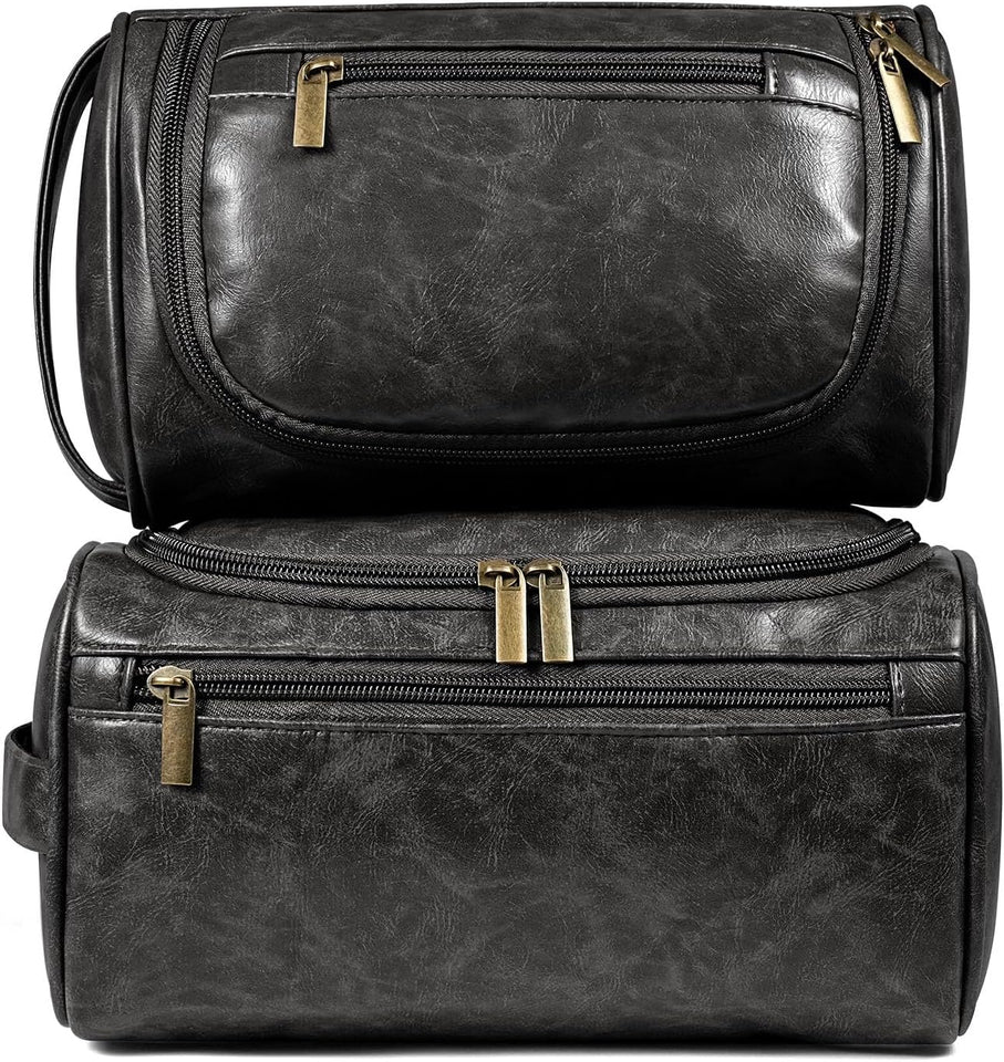 large water-resistant leather dopp kit & medium travel bag set for men - brown