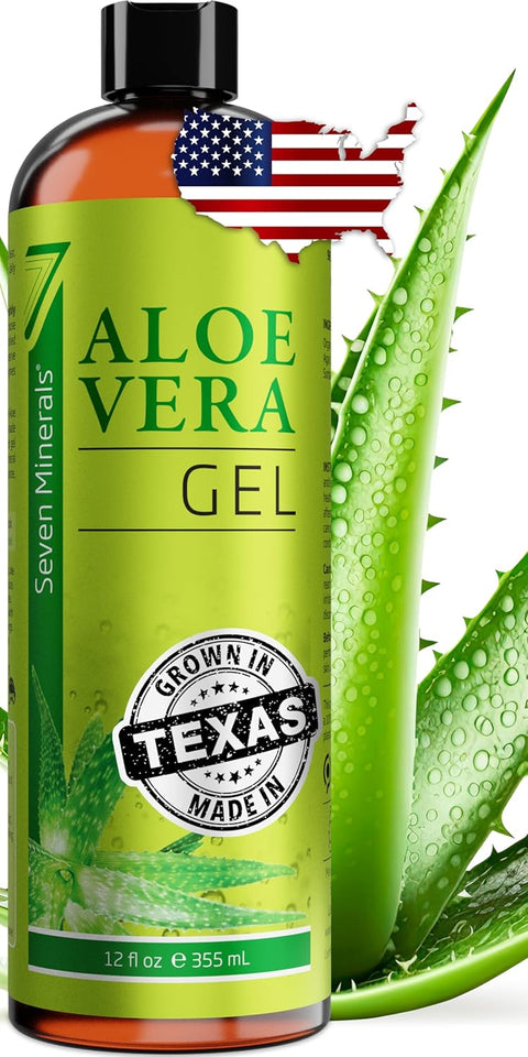 seven minerals organic aloe vera gel - 12oz - texas grown - vegan - unscented - for skin hair sunburn relief