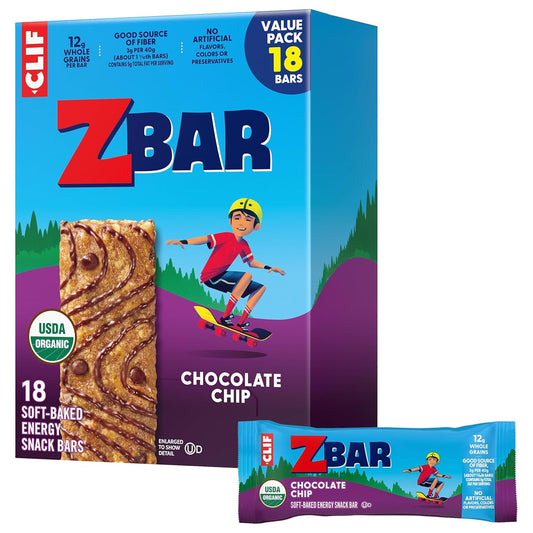Zbar - Chocolate Chip - Soft-Baked Energy Snack Bars - Non-GMO - 12g Whole Grains - USDA Organic Granola Bars (18 Pack)