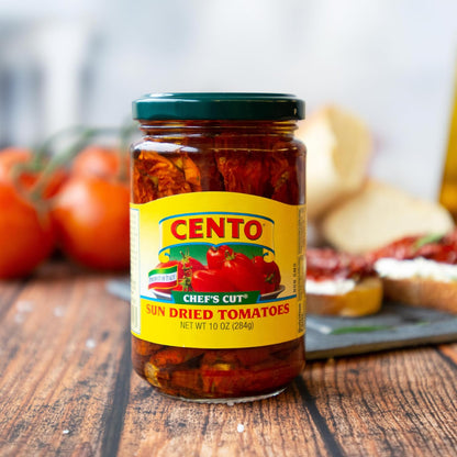 Cento Chefs Sun Dried Tomatoes in Oil & Spices for Pasta, Salad & Antipasto - Grown and Processed in Italy - Gluten-Free, Non-GMO, Low Sodium Italian Tomatoes - 10 Ounce Jar
