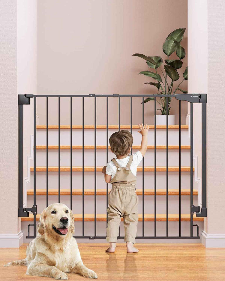 Cumbor 29.2–43" Baby Gate for Stairs, Wall-Mounted (Drill Required), Expandable No Bottom Bar Dog Gate, Auto Close Extra Wide Walk Thru, Pet & Toddler Proof Gate, Top & Bottom of Stairways (White)