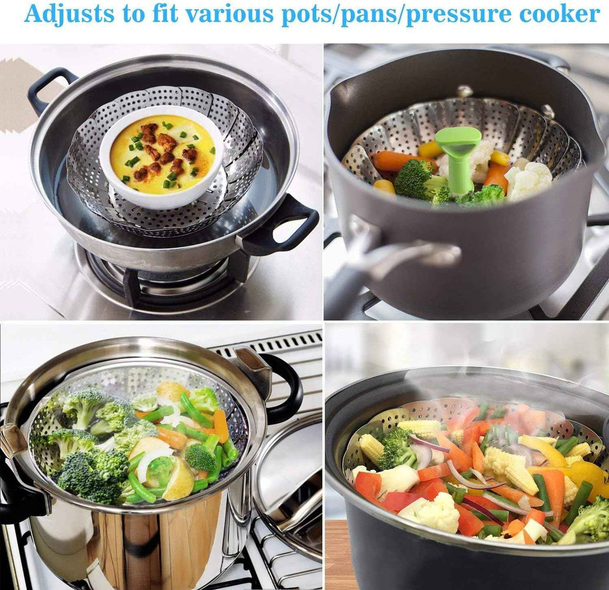 Consevisen Vegetable Steamer Basket for Cooking Food, Stainless Steel Veggie Steam Basket for Pot, Folding Expandable Steaming Insert with Extendable Handle Fits Various Size Pot, 5.1" to 9"