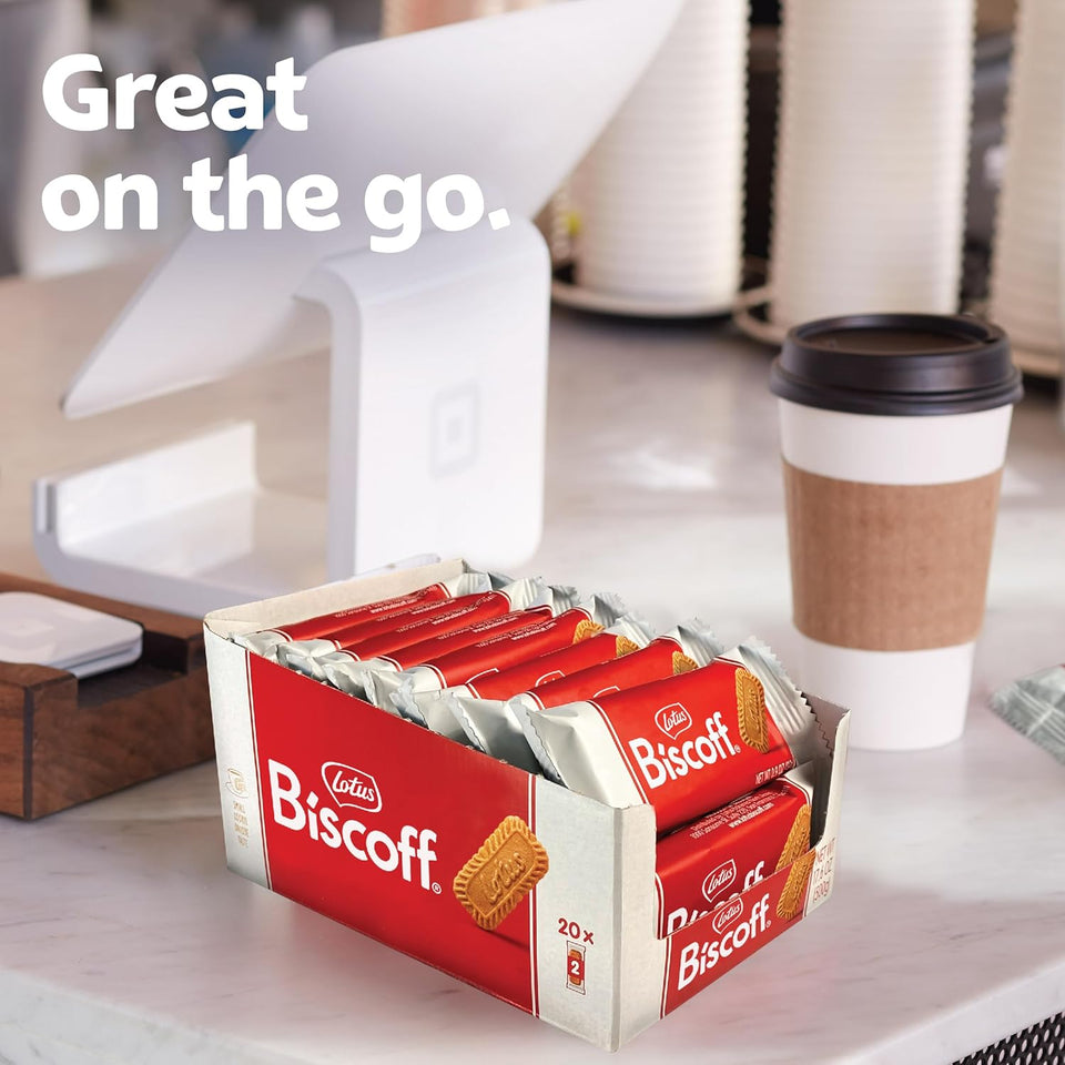 Lotus Biscoff Cookies, Caramelized Biscuit Cookie Snack, Dispenser Box (20 sleeves of 2 extra large cookies) Vegan, 0.9 Ounce (Pack of 20)