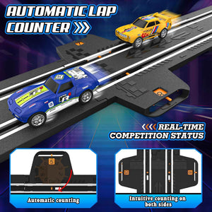 slot car race track set, 2 high-speed cars, battery or electric, dual racing game, lap counter, toys for kids