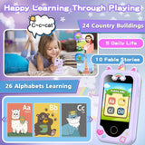 Purple 2.8" touchscreen kids phone for 3-10 year old girls, dual camera, music player, and learning games