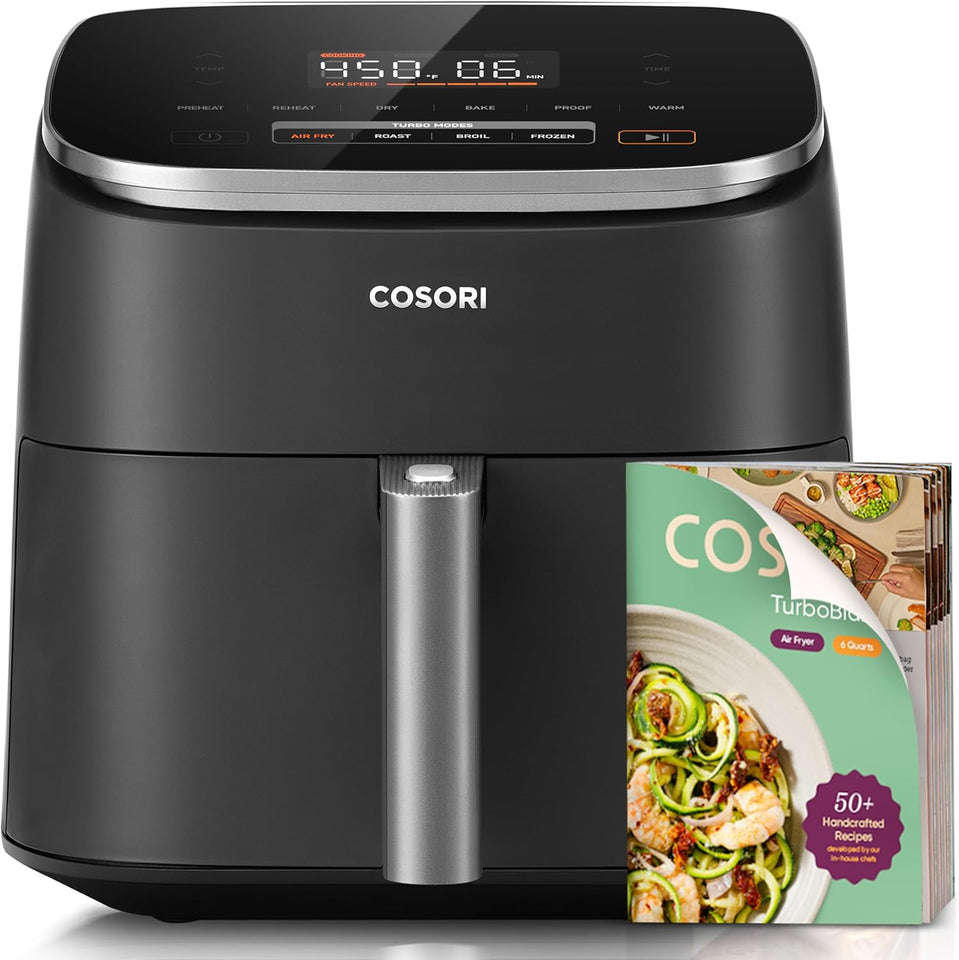 Cosori 9-in-1 TurboBlaze Air Fryer 6 Qt, Premium Ceramic Coating, 90°–450°F, Precise Heating for Even Results, Air Fry, Roast, Bake, Broil, Dry, Frozen, Proof, Reheat, Keep Warm, 120V, Dark Gray