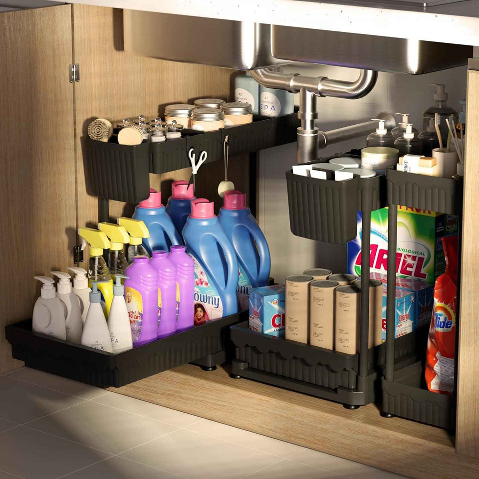 3 Pack Multi-Purpose Under Sink Organizers and Storage, 2026 L-Shaped Pull Out Cabinet Organizer for Bathroom & Kitchen, Under Cabinet Organizer with Hooks Hanging Cup, Black