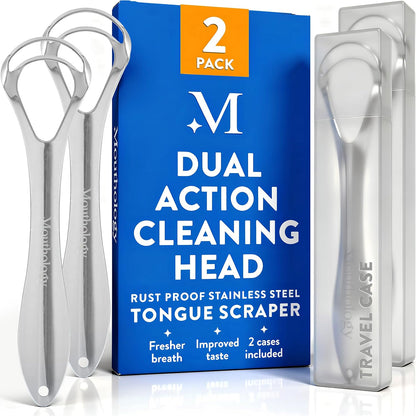 Mouthology 2-pack tongue scraper for adults, metal, stainless steel, tongue cleaner for hygiene