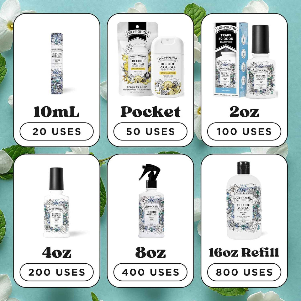 Poo-Pourri Before-You-Go Toilet Spray, Fresh Air, 4 Fl Oz, Up to 200 Uses, Bathroom Odor Deodorizer , Plant-Based with Essential Oils, for Home or Work, Jasmine, Fresh Air and Mint Scent