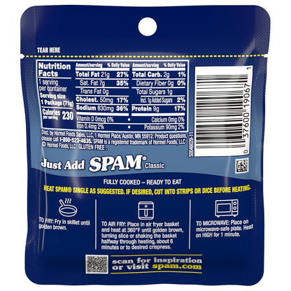SPAM Classic Single, 9 Grams of Protein Per Serving, 2.5 oz Single Pouches, (12 Pack)