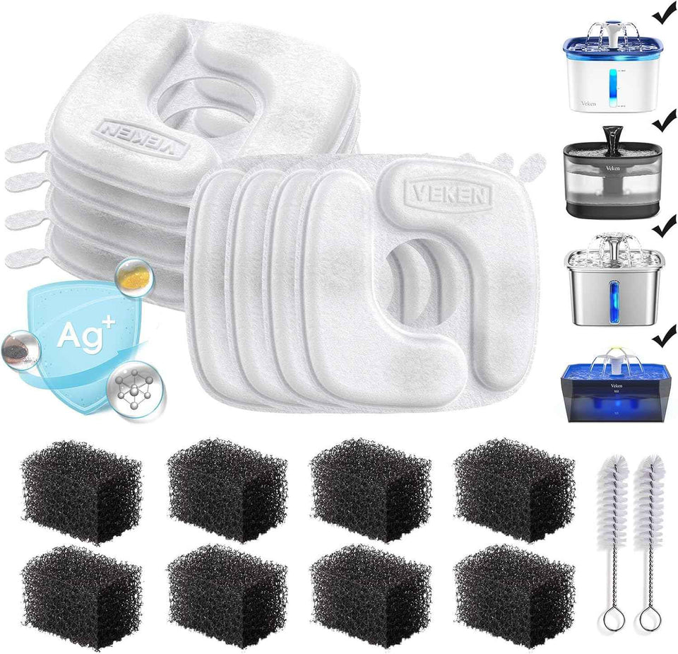 Veken Cat Water Fountain Filters, 8 Pack Replacement Filters & 8 Pack Replacement Pre-Filter Sponges Set for 50oz, 84oz, 95oz or 108oz Automatic Pet Fountain Dog Water Dispenser