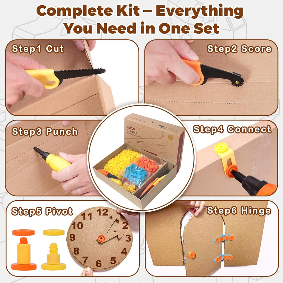 Cardboard Construction Kit - 401 PCS Kids Building Set with Safe Serrated Cutter, Crease Roller, Screws & Nuts, STEM Upcycled Tool for DIY Cardboard Projects, Engineering & Creativity