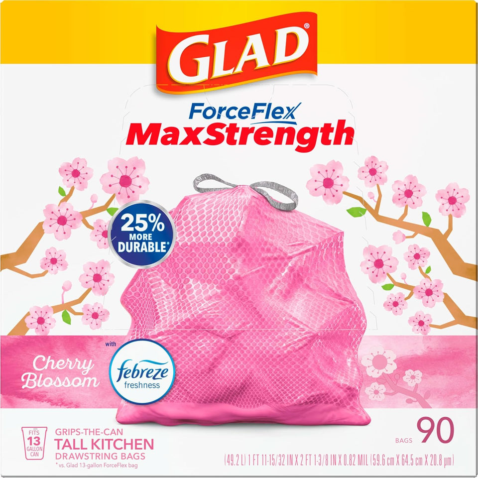 Glad Tall Kitchen Trash Bags 13 Gallon, MaxStrength Cherry Blossom Garbage Bags, Drawstring, 90 Count - Rayz Mart