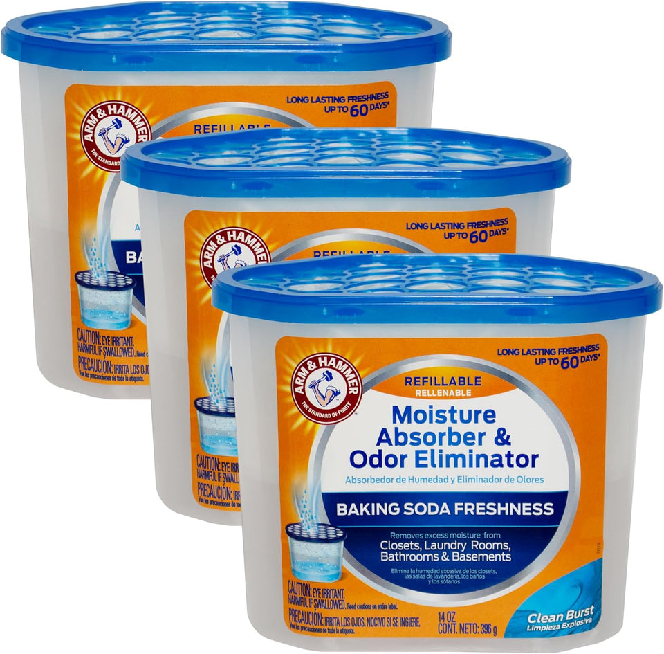Arm & Hammer Clean Burst Moisture Absorber and Odor Eliminator Tubs, 14 oz, 3 Pack, Attract and Trap Excess Moisture, Eliminate Musty Odors, Convenient and Effective, White