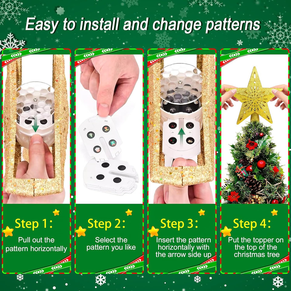 Christmas Tree Topper Projector Lights with 6 Projection Modes, Gold Star Christmas Tree Topper with Built-in LED Projector, Dynamic Projection for Christmas Party Holiday Decoration