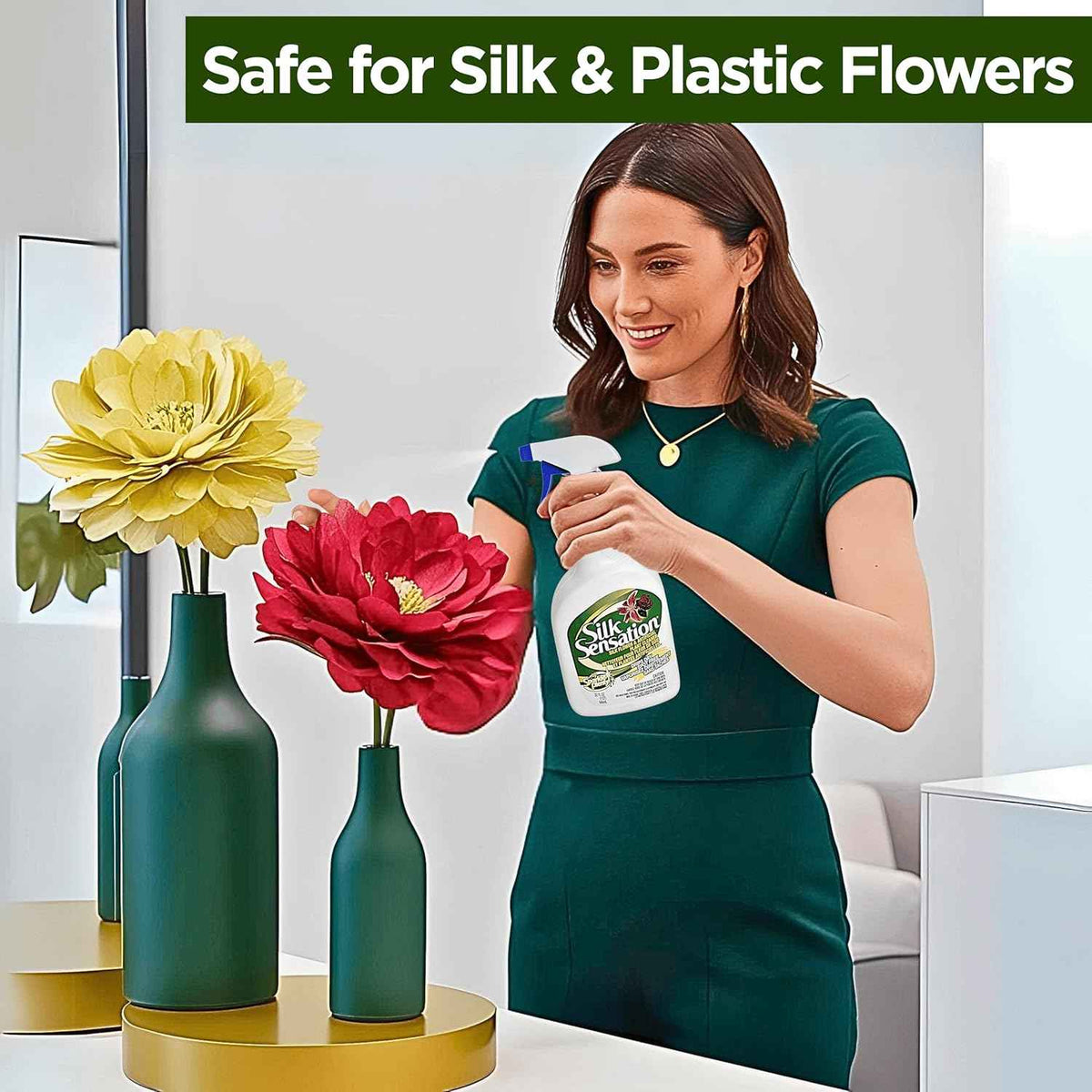 Sparkle Plenty Silk Sensation Artificial Flower & Plant Leaf Cleaner and Shine - Fake Flower Dusting Spray - Silk Plant Cleaner Spray No Wipe - Drip Dry Cleaning Supplies for Artificial Tree (32oz)