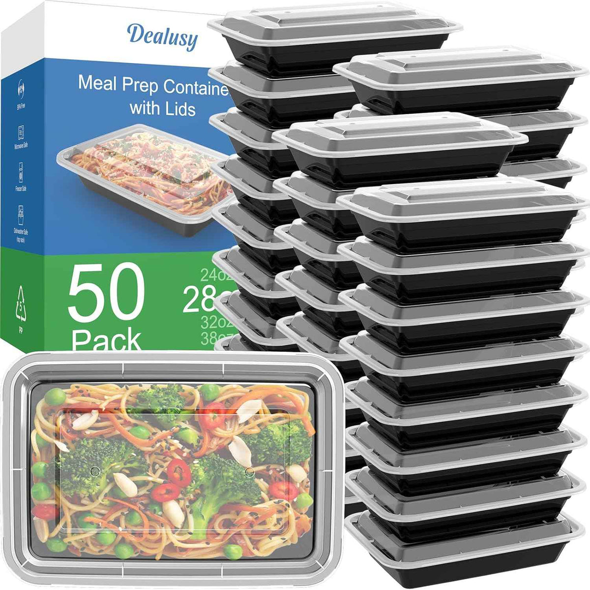 50 Pack (100-Piece) 28 oz Meal Prep Containers Reusable with Lids, Sturdy Leakproof & Food Safe, Microwave, Freezer, Dishwasher Safe Prep Containers, To Go Take Out Plastic Food Storage