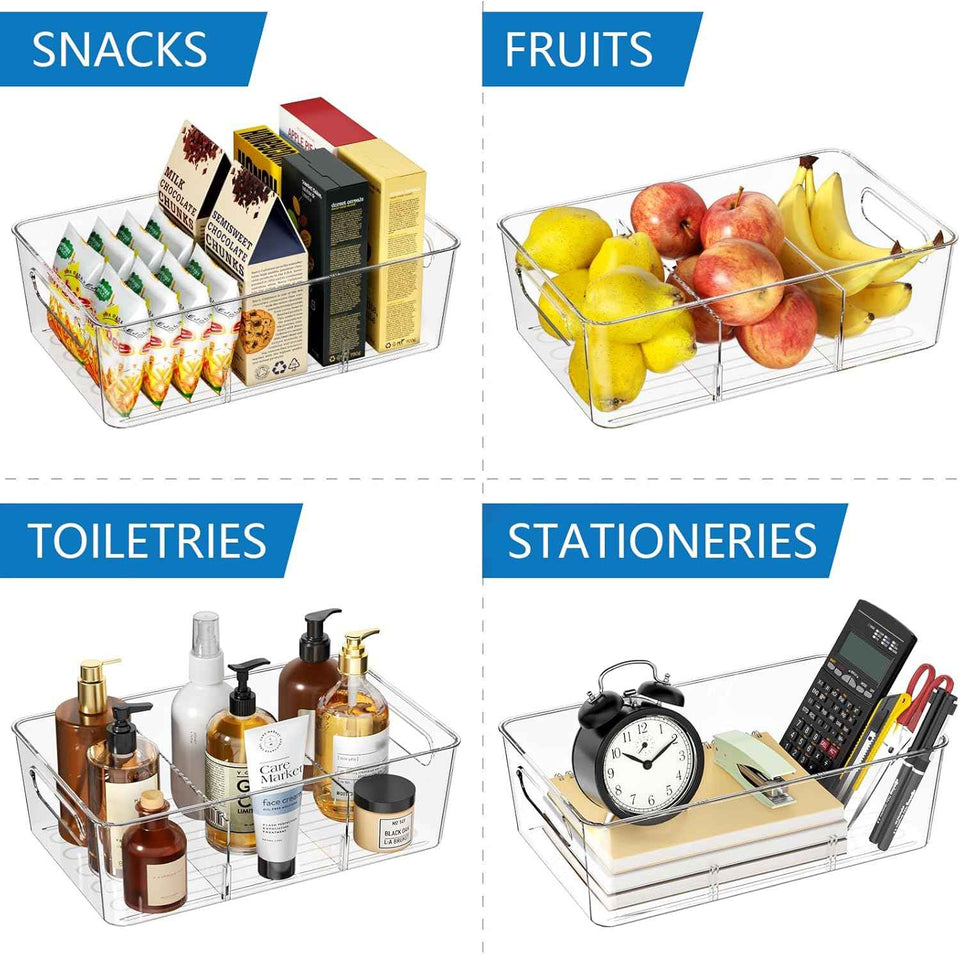 6-pack clear plastic pantry organizers and storage with 2 dividers for kitchen fridge organization