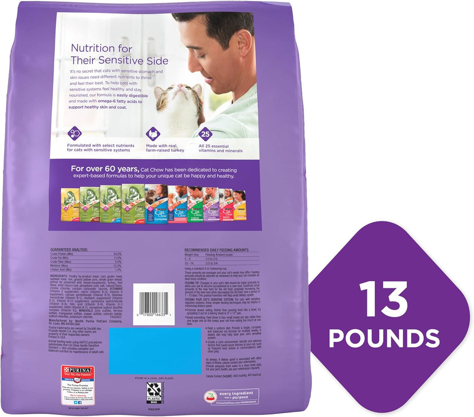 Purina Cat Chow Gentle Dry Cat Food, Sensitive Stomach + Skin - 13 lb. Bag
