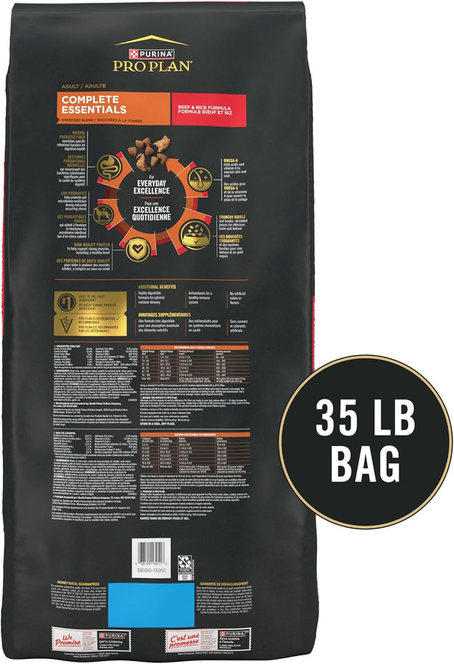 Purina Pro Plan Complete Essentials Shredded Blend Beef and Rice Dog Food Dry Formula with Probiotics, 35 lb. Bag, High Protein, Real Beef, Probiotics