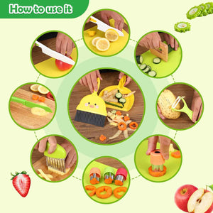 14PC Montessori-style safe kitchen knife set for kids, 3-12 years, includes cutting board and cleaning tools