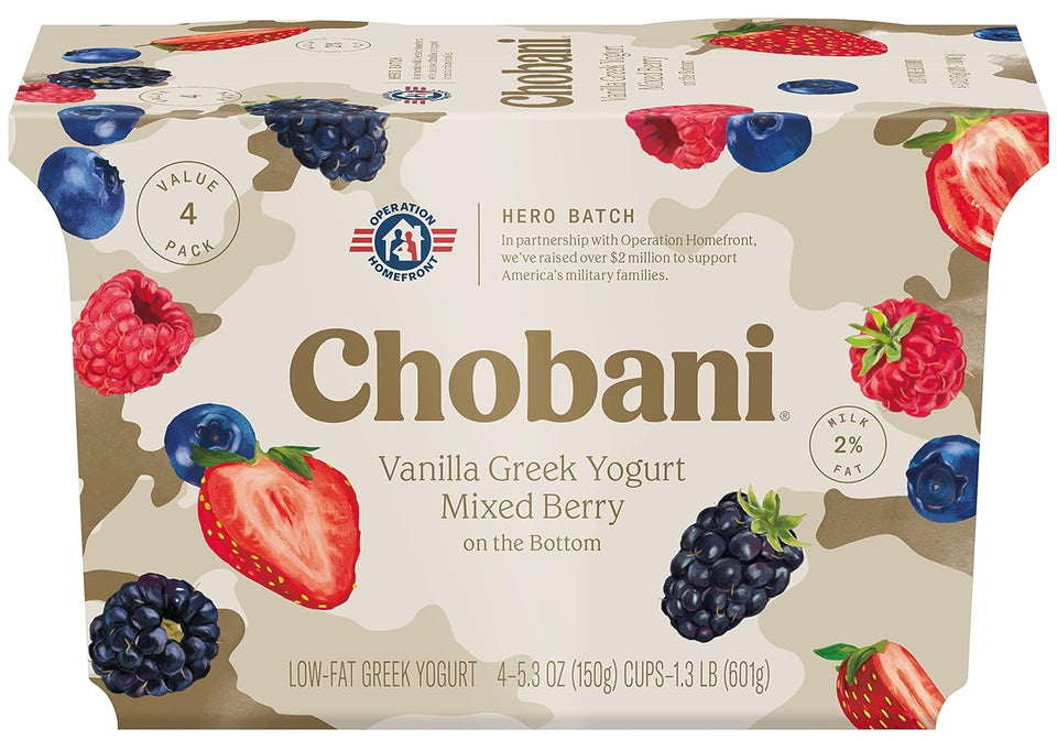 Chobani® Low-Fat Vanilla Greek Yogurt, Mixed Berry on the Bottom 5.3oz 4-pack