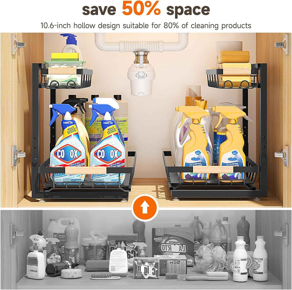 2 Packs Under Sink Organizer, 2026 Upgrade Height Adjustable 2 Tier Under Kitchen Sink Organizer, Multi-Purpose Storage Shelf