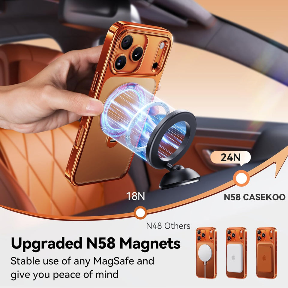 CASEKOO Cosmic Orange Glossy for iPhone 17 Pro Max Case [360 Spin Magnetic Stand][Fit for MagSafe][17FT Military Protection] Slim Hand-Polished Frame Titanium Alloy Sturdy Stand 6.9", Cosmic Orange