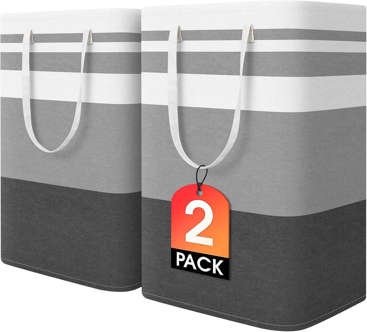 HomeHacks 2 Pack Large Laundry Baskets, Waterproof, Freestanding Laundry Hampers, Collapsible Clothes Hamper with Reinforced Handles in Laundry Room, College Dorm, Bathroom, Bedroom (Grey, 75Lx2)