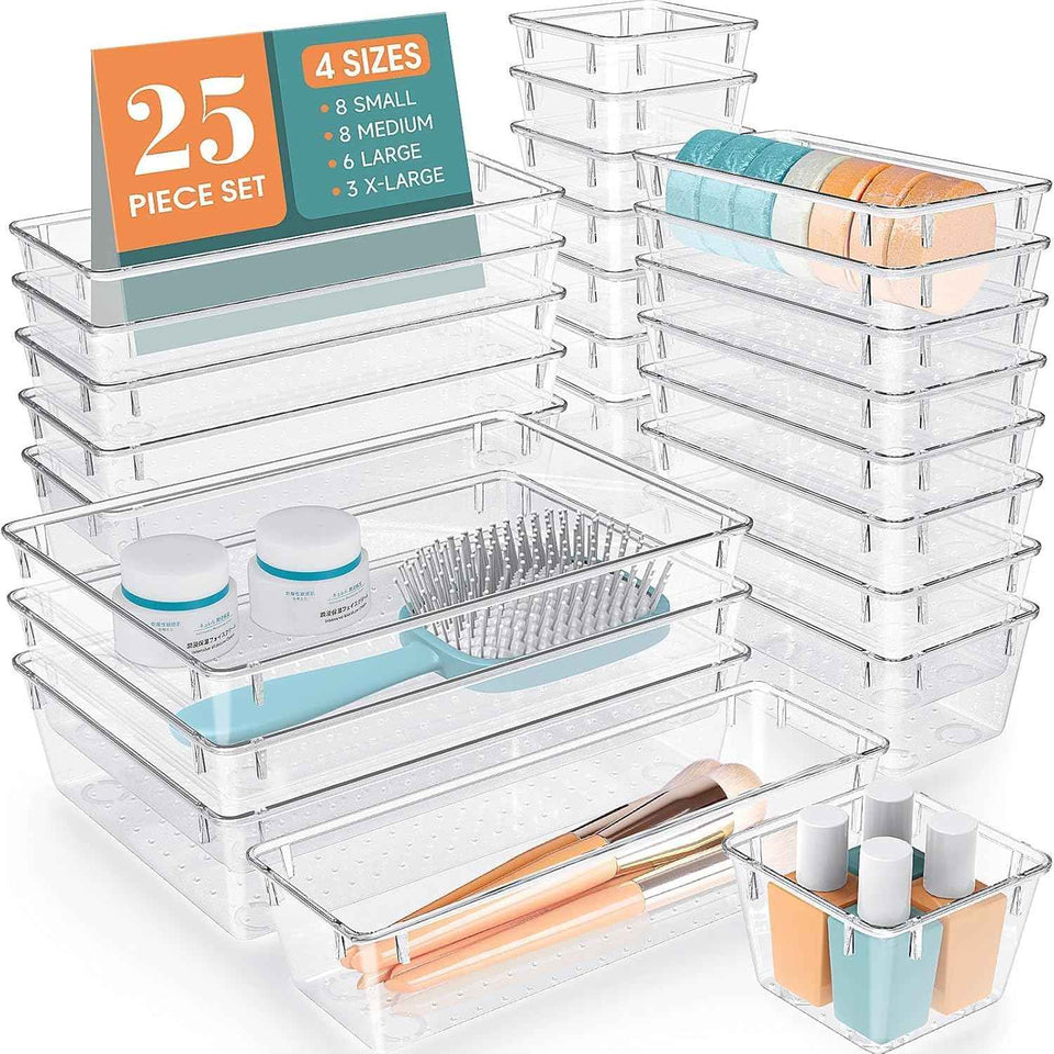 Clear Plastic Drawer Organizer Set - 25 PCS, 4 Sizes Desk Drawer Dividers & Storage Bins for Makeup, Jewelry, Gadgets, Kitchen, Bedroom, Bathroom, Office