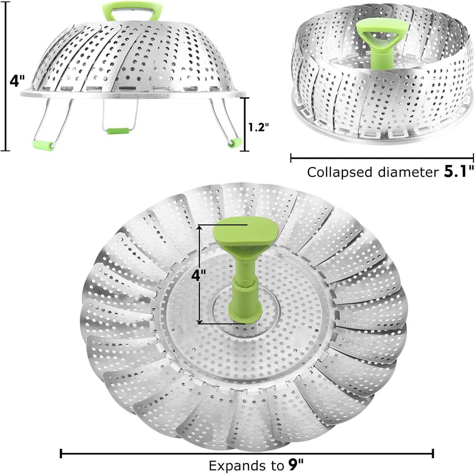 Consevisen Vegetable Steamer Basket for Cooking Food, Stainless Steel Veggie Steam Basket for Pot, Folding Expandable Steaming Insert with Extendable Handle Fits Various Size Pot, 5.1" to 9"